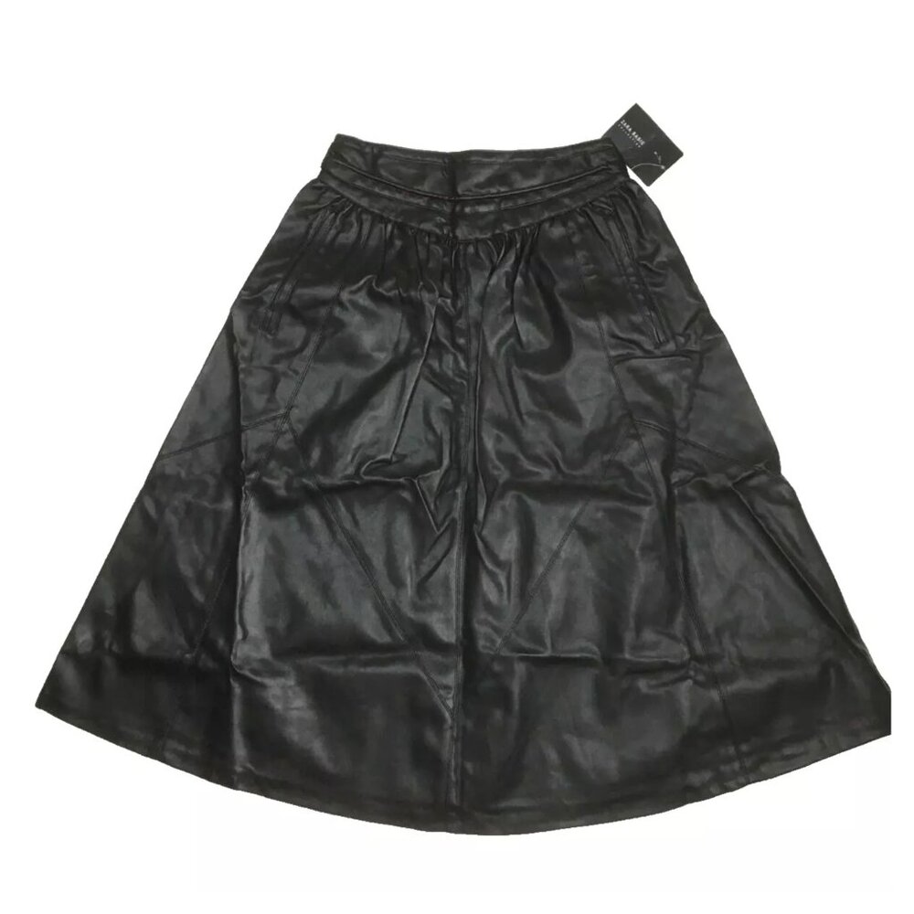 NWT ZARA Basic Black Faux Leather A Line/Flare Midi Skirt